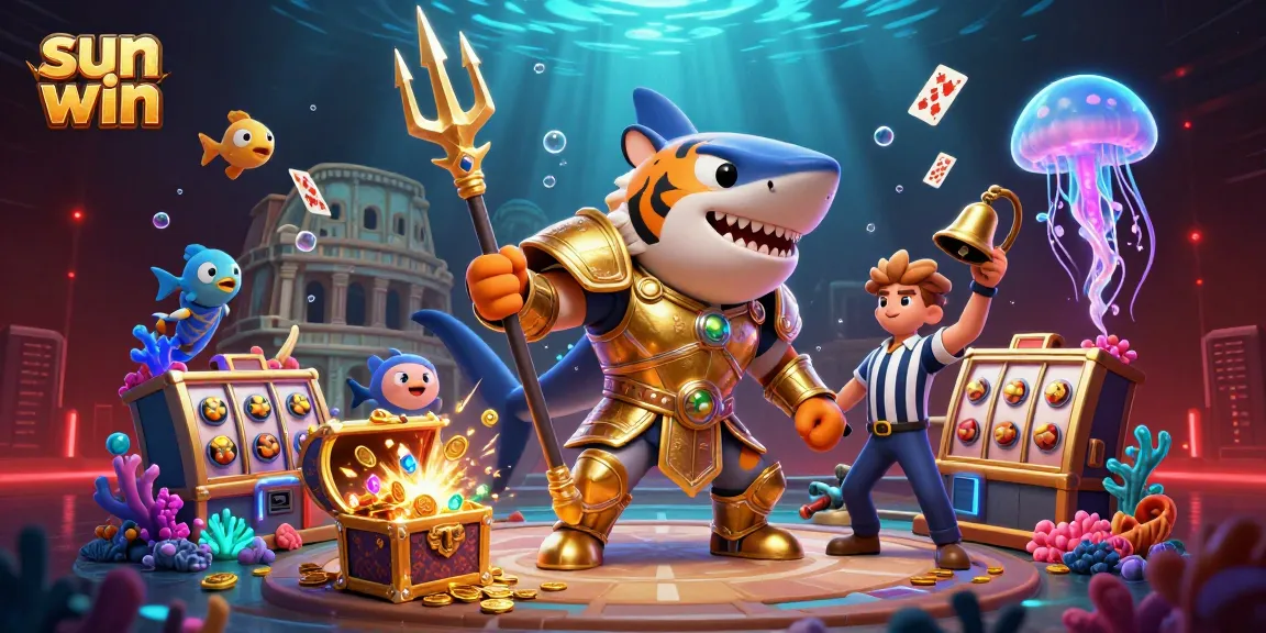 The sun win fortune unfolds with a thrilling underwater scene featuring a tiger shark in gladiator armor amidst a treasure explosion.