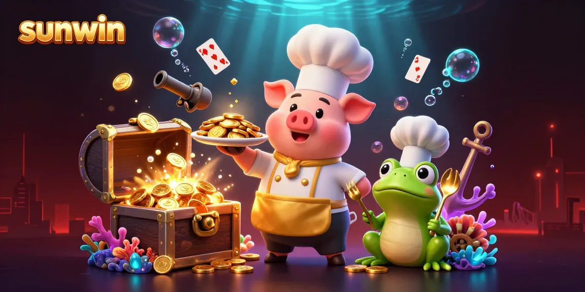 Experience sunwin's gaming extravaganza with cartoon chefs and gold, showcasing vibrant casino elements.